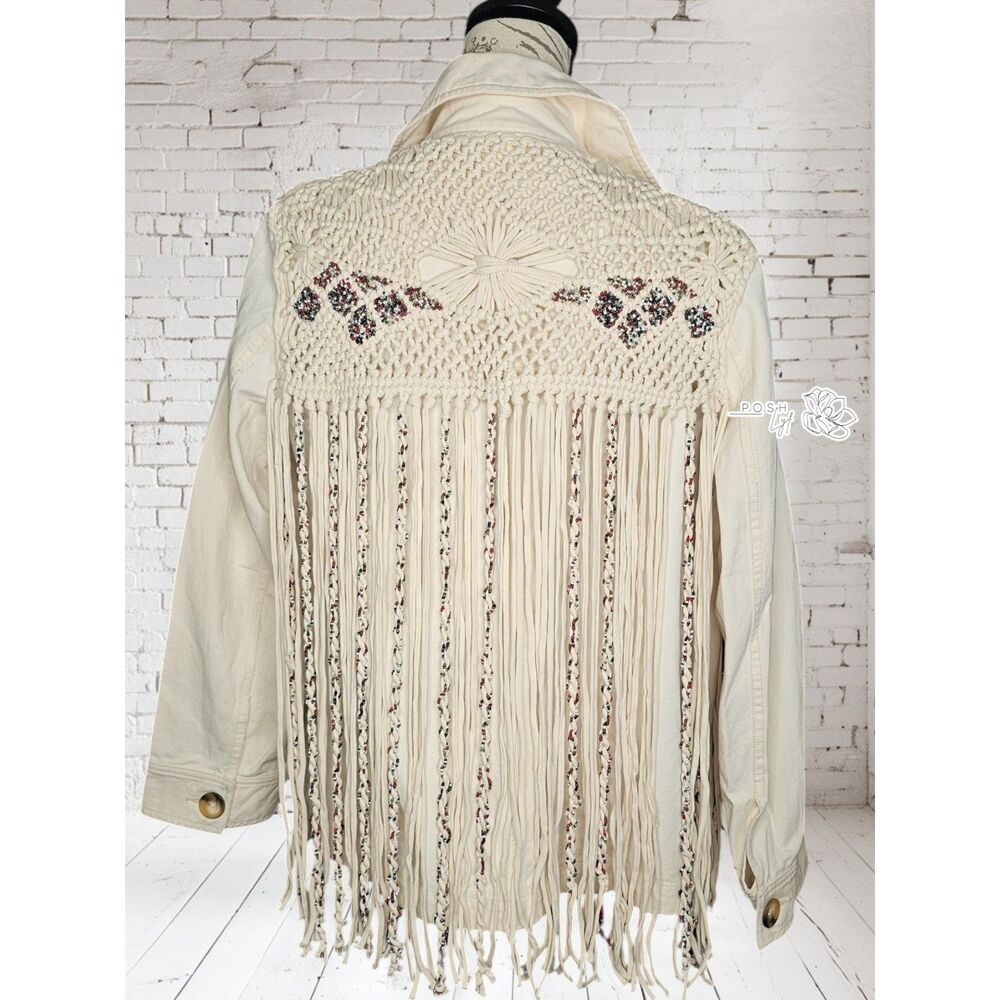 Zara Fringe Western Beaded Boho Button Front Festival Jacket Medium - Picture 3 of 16